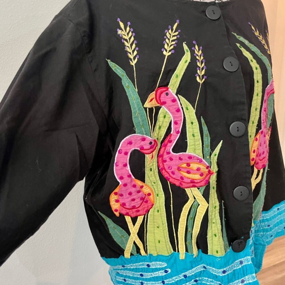 90’s Y2K FLAMINGO ALL OVER BLAZER COAT EMBROIDERED BEADED SZ XL RARE  ECLECTIC - Picture 10 of 16